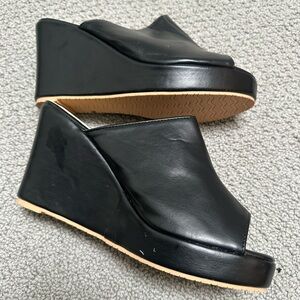 Elegant Black Leather Wedge Sandals